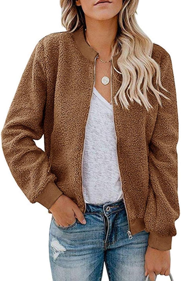 MIROL Women's Fall Fleece Bomber Jacket Trendy Sherpa Winter Coat Fuzzy Casual Long Sleeve Zip Up Loose Fit Jackets