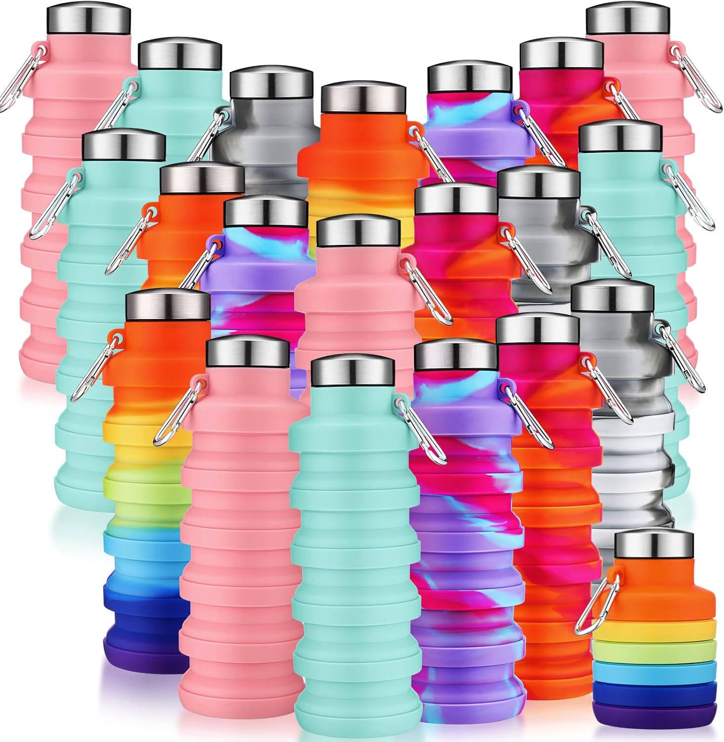 Sunnyray 20 Pack Collapsible Water Bottles Bulk Foldable Water Bottles 17oz Silicone Portable Leak Proof Reusable Sports with Clip for Travel Hiking Camping Outdoor (Tie-dye)