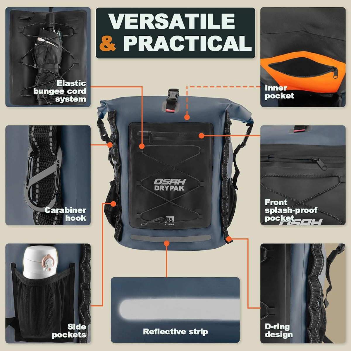 OSAH DRYPAK Waterproof Backpack Dry Bag 25L/35L/55L/85L – Heavy Duty Roll-Top Hiking Backpack Sack Keeps Gear Dry for Travel, Kayaking, Boating, Camping, Rafting and Fishing