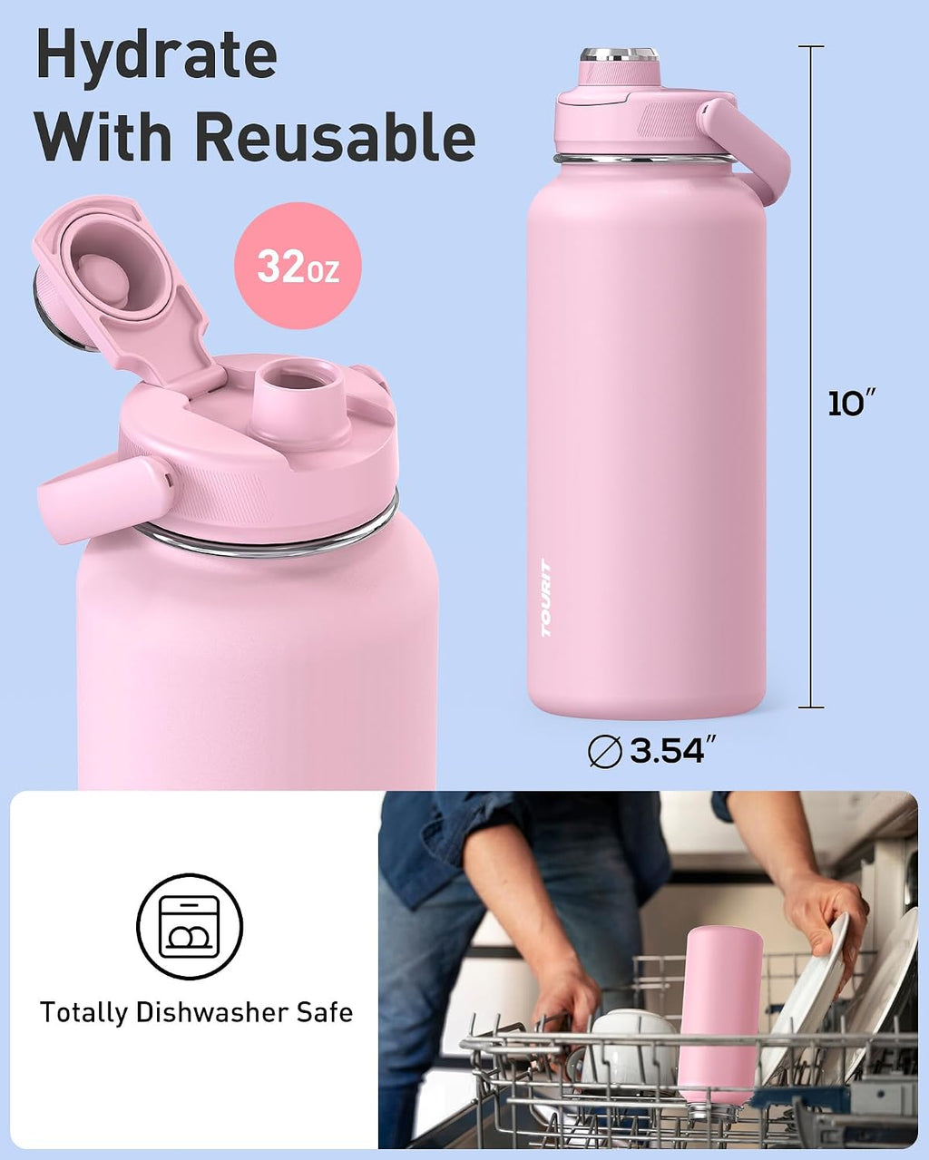 TOURIT 24 oz Insulated Stainless Steel Water Bottle, Pink