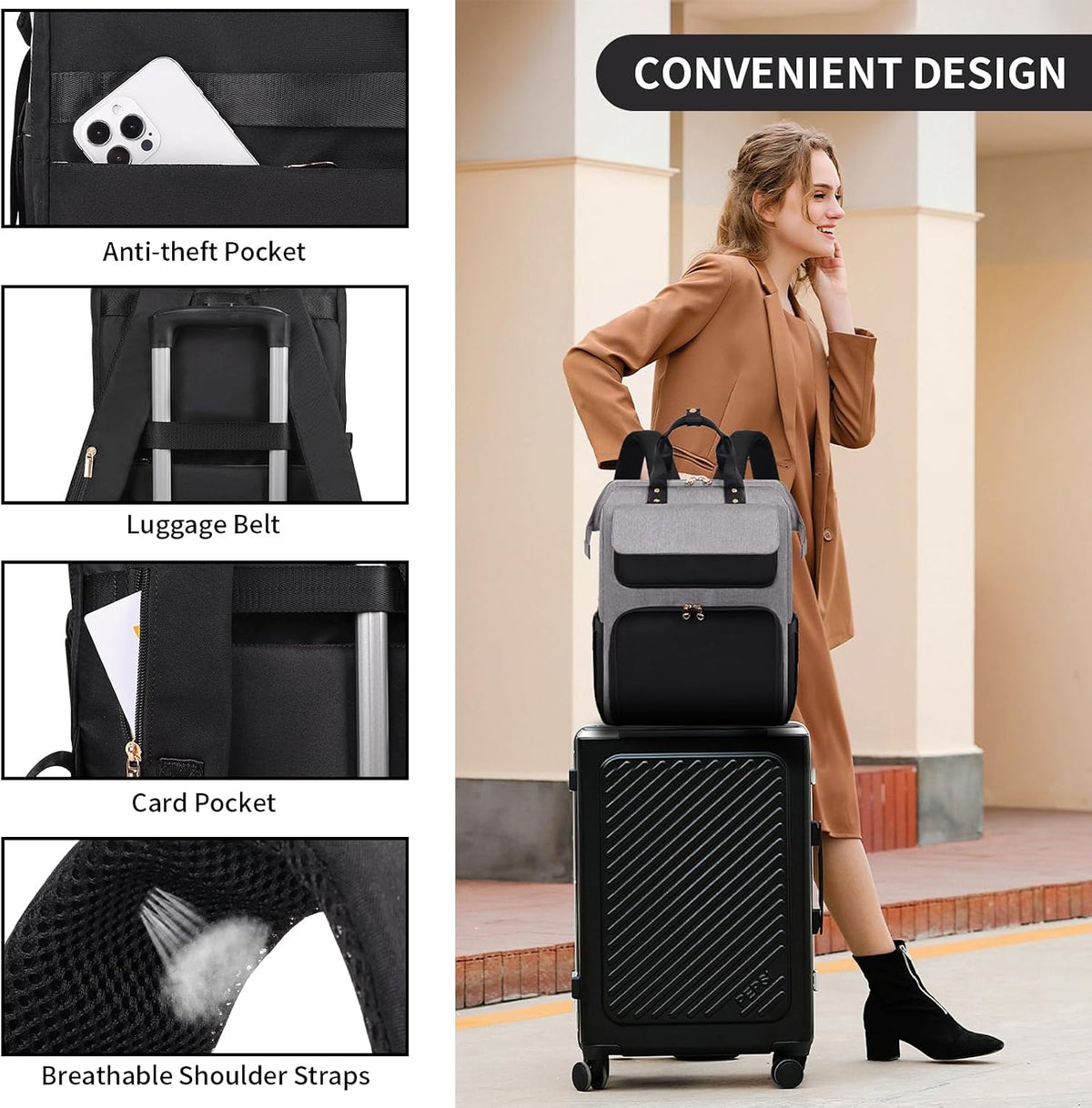 BERTASCHE Lunch Backpack for Women, 15.6 Inch Laptop Backpack with Insulated Cooler Lunch box, Nurse Backpack for Teacher Work Travel College Picnic,Black-Grey