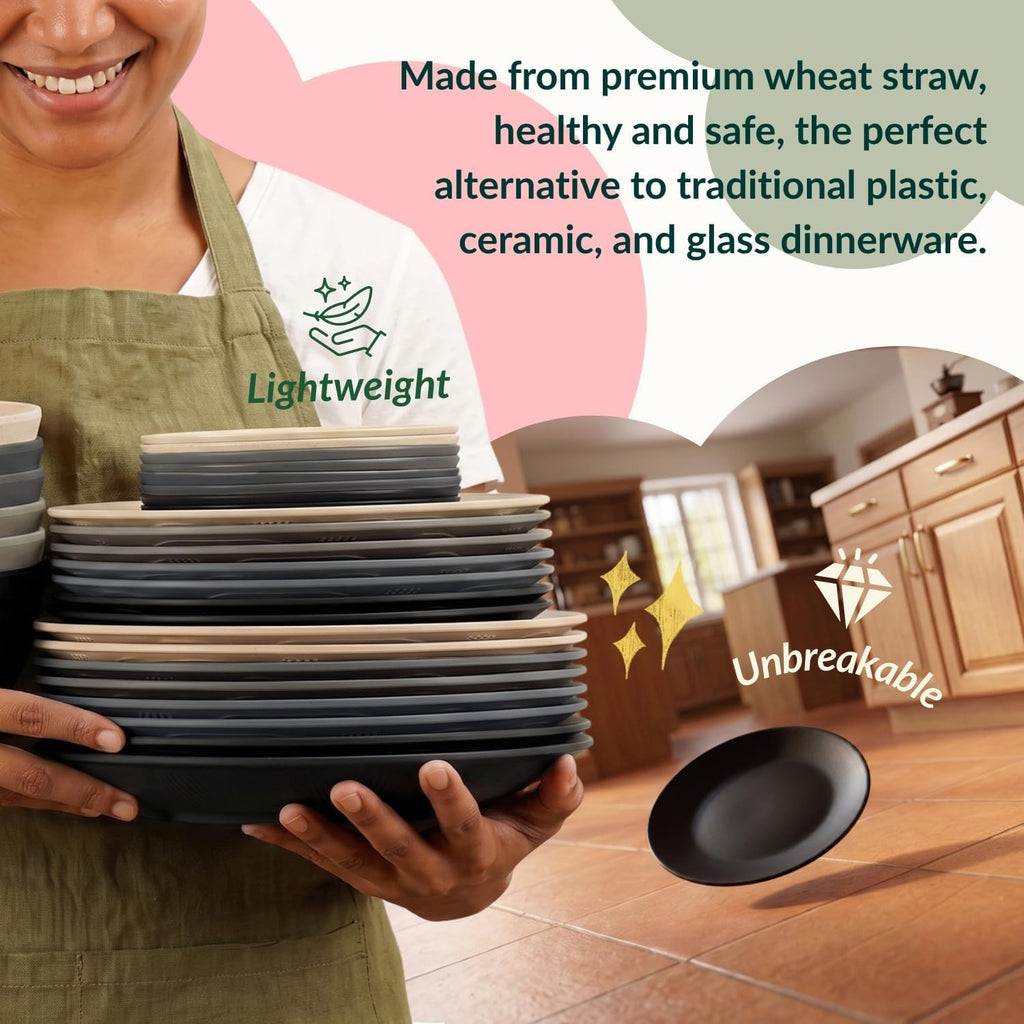 Homienly 40 PCS Wheat Straw Dinnerware Sets Dishes Set for 8 Unbreakable Plates and Bowls Sets for Kitchen Dishwasher and Microwave Safe Plate Set Camping, Apartment, Kids-Grey Stone