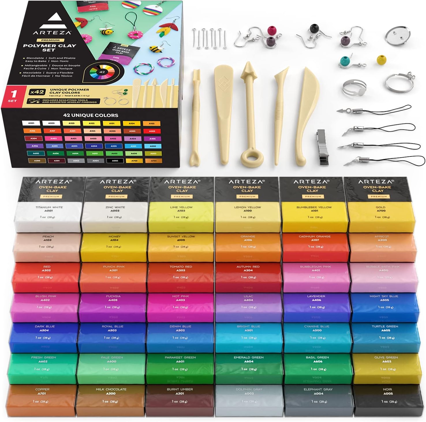 ARTEZA Polymer Clay Kit, 42 Colors with 5 Tools & Jewelry Findings, Oven-Bake Modeling Clay for Earrings, Charms, Miniatures, Jewelry & DIY Crafts
