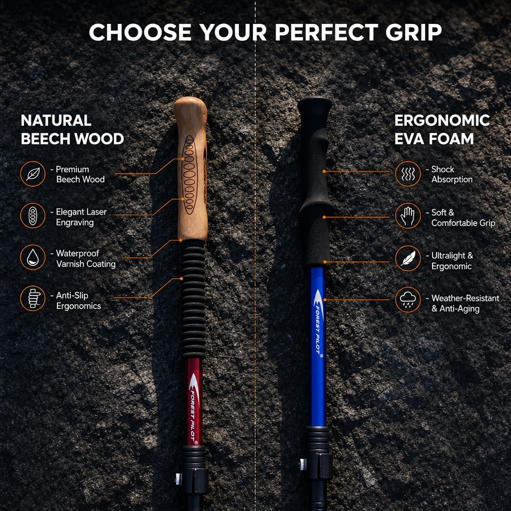 FOREST PILOT Trekking Poles - Lightweight 7075 Aluminum with Flip Lock & All Terrain Accessories - Pair of 2 Walking Sticks for Hiking with EVA or Beech Wood Grip