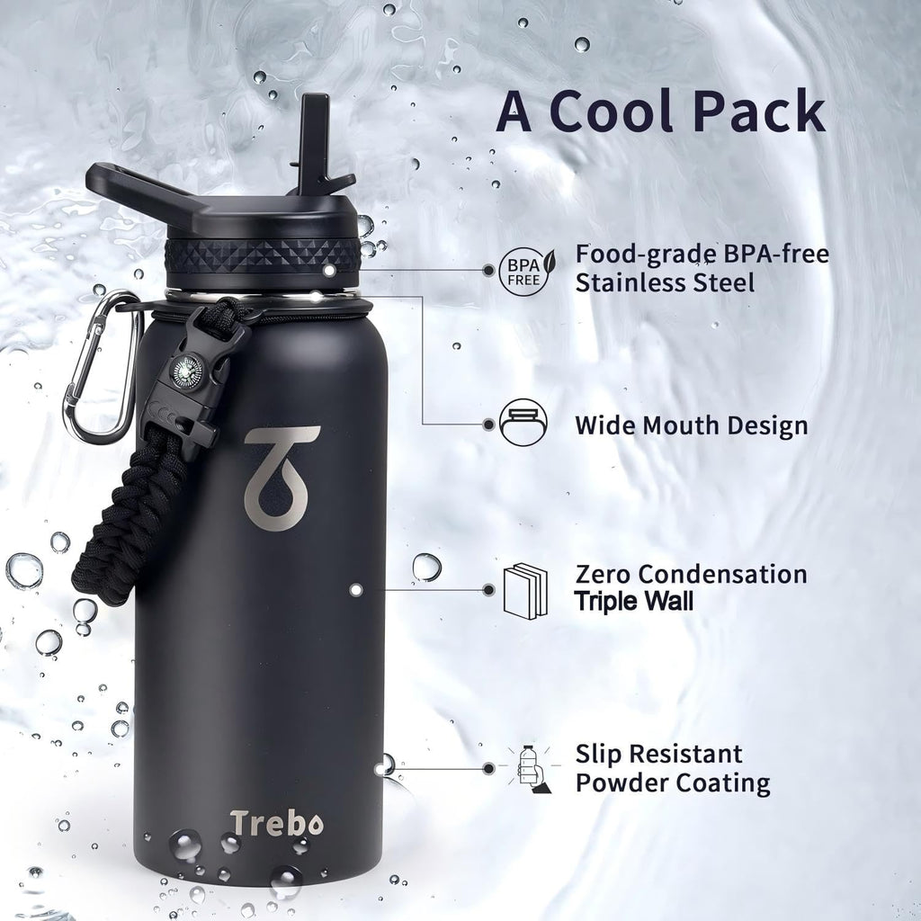 Trebo Insulated Water Bottle 32 oz with 3 Lids, Paracord Handle & Sleeve
