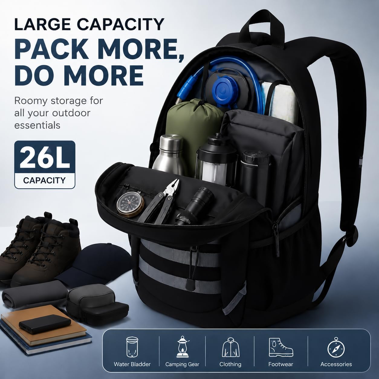 Hiking Travel Backpacks Men and Women, Lightweight Waterproof Laptop Backpack Outdoor Camping Backpack Hiking Daypack for Travel, Trekking, Work 26L (Black)