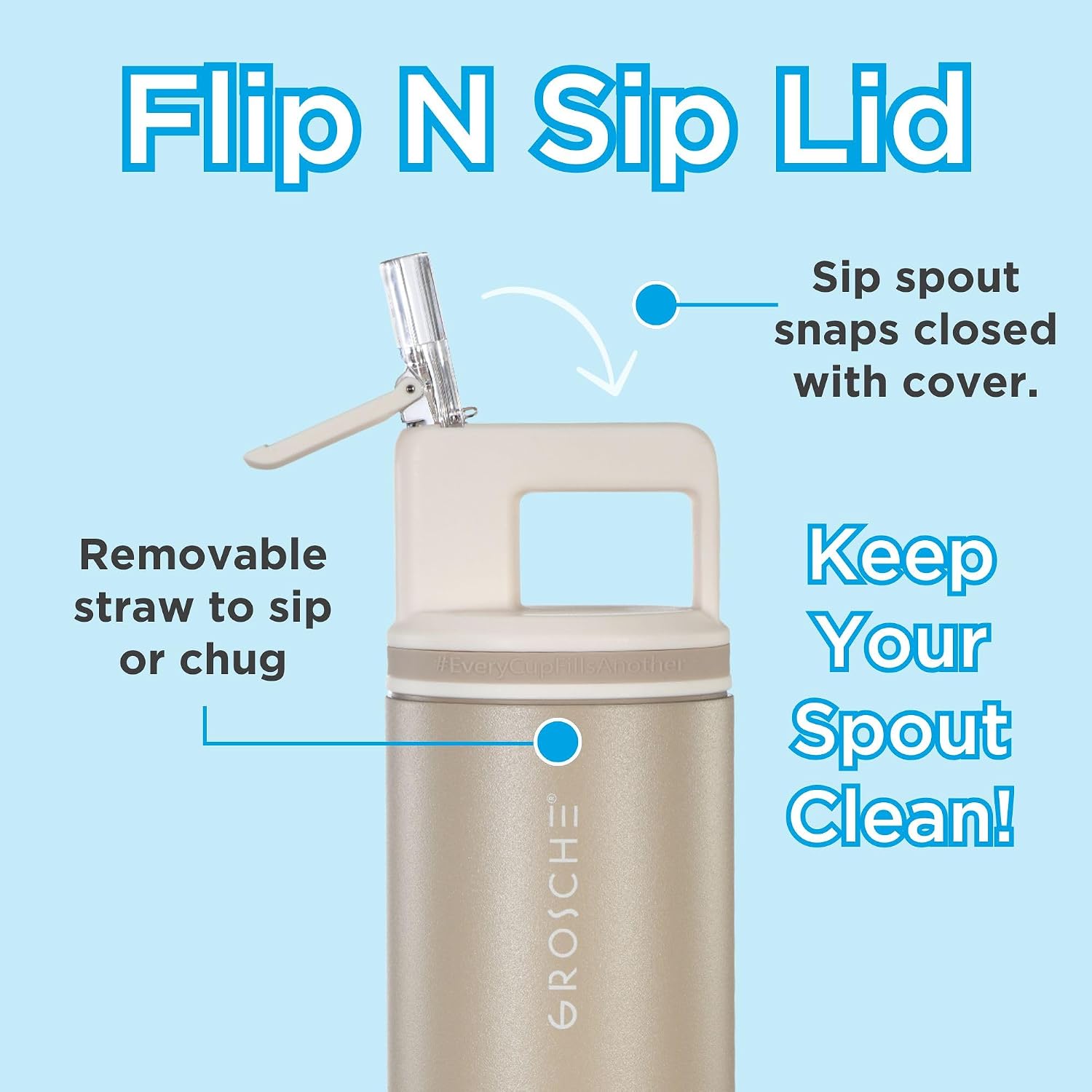 GROSCHE Alpine Flip 'N Sip Steel Water Bottle with Straw, Sand Beige, 20 oz