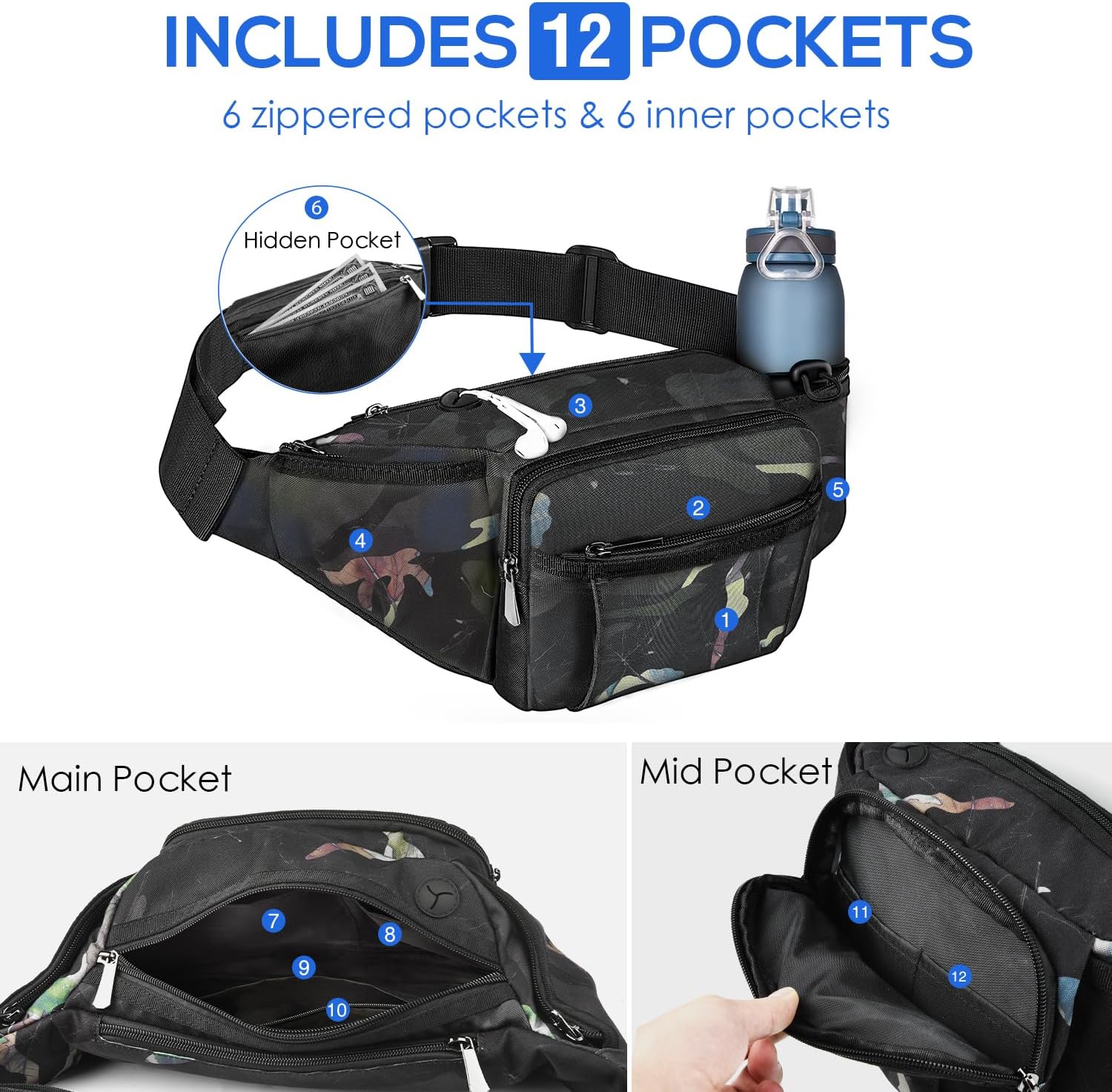 NOOLA Fanny Pack with Water Bottle Holder, Hiking Waist Bag for Men Women