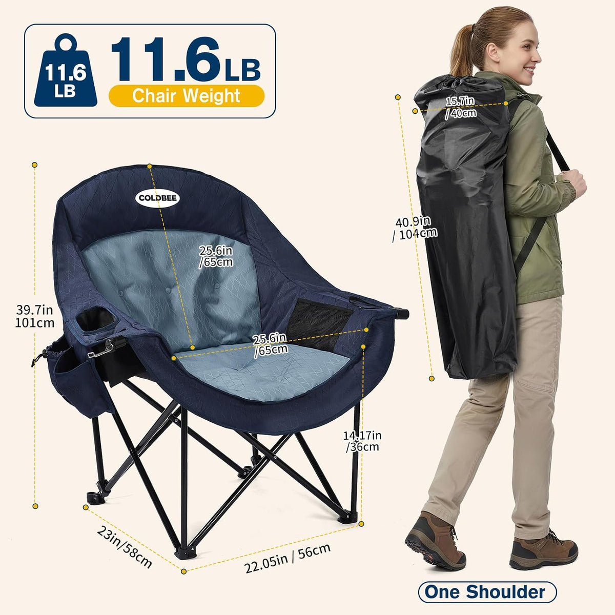 Coldbee Oversized Camping Chairs, Heavy Duty Padded, Thick Headrest, Blue
