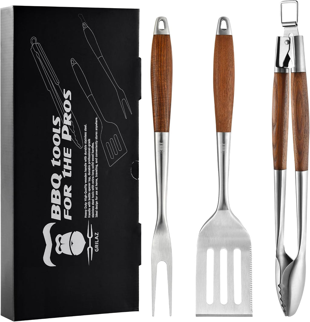 GRILAZ Heavy-Duty Rose Wooden BBQ Grilling Tools Set. Extra Thick Stainless Steel Multi-Function Spatula, Fork & Tongs | Essential Accessories for Barbecue & Grill. Ideal Gift for Father…