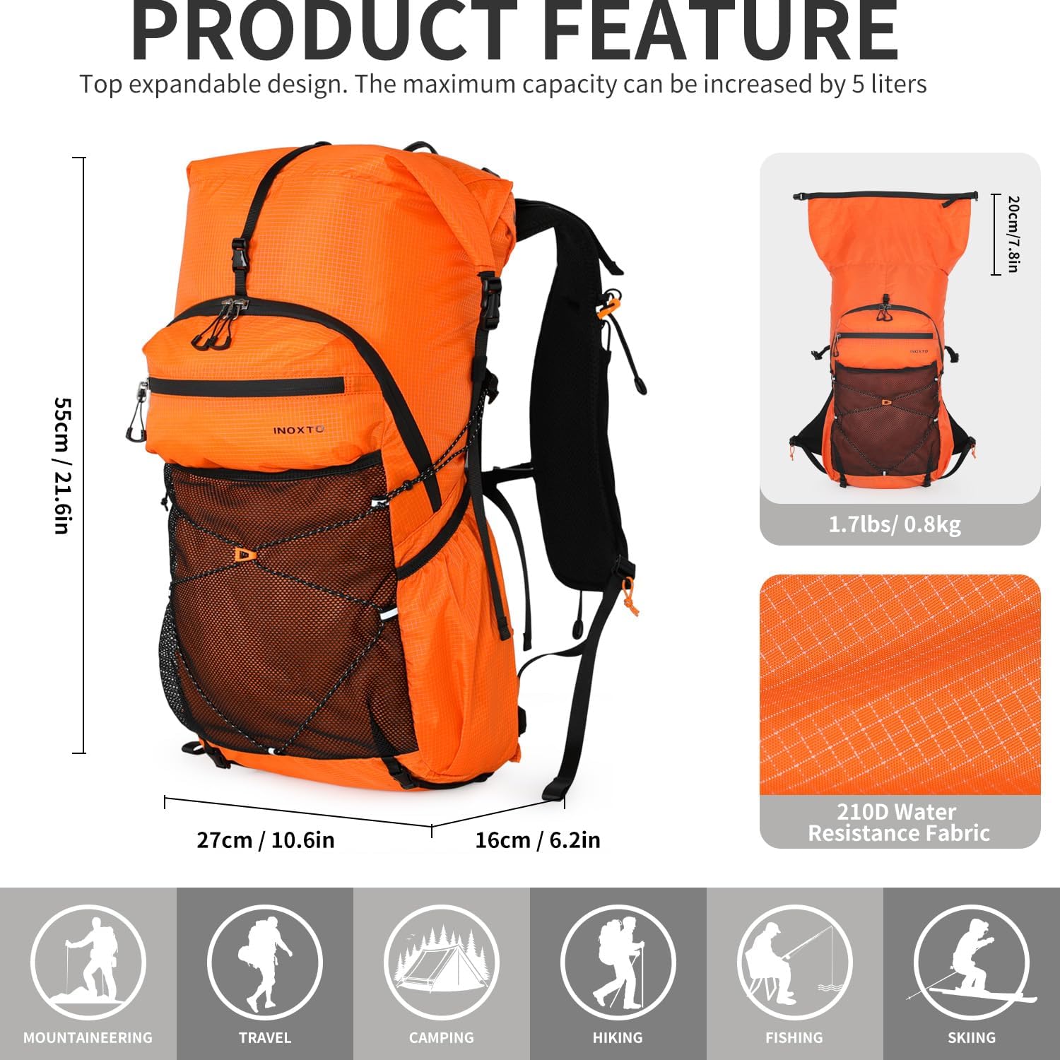 IX INOXTO Hiking Backpack for Men and Women, 30L Waterproof Camping Backpack with 3L Water Bladder and Rain Cover, Lightweight Outdoor Sport Travel Daypack Rucksack for Climbing Cycling (Orange)
