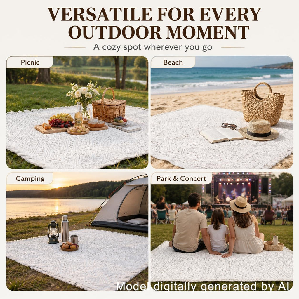 91 x 71inch White Outdoor Picnic Blanket with Waterproof Mat & Bag