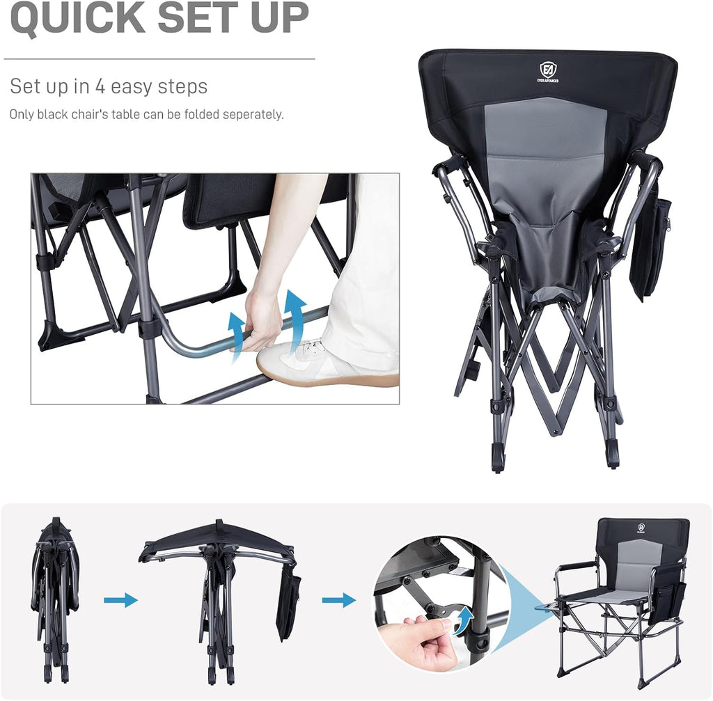 EVER ADVANCED Camping Directors' Chair with Side Table, Portable Folding with Compact Size, Heavy Duty Lawn Chair with Pocket for Camping, Lawn, Sports and Fishing, 400lbs, Black
