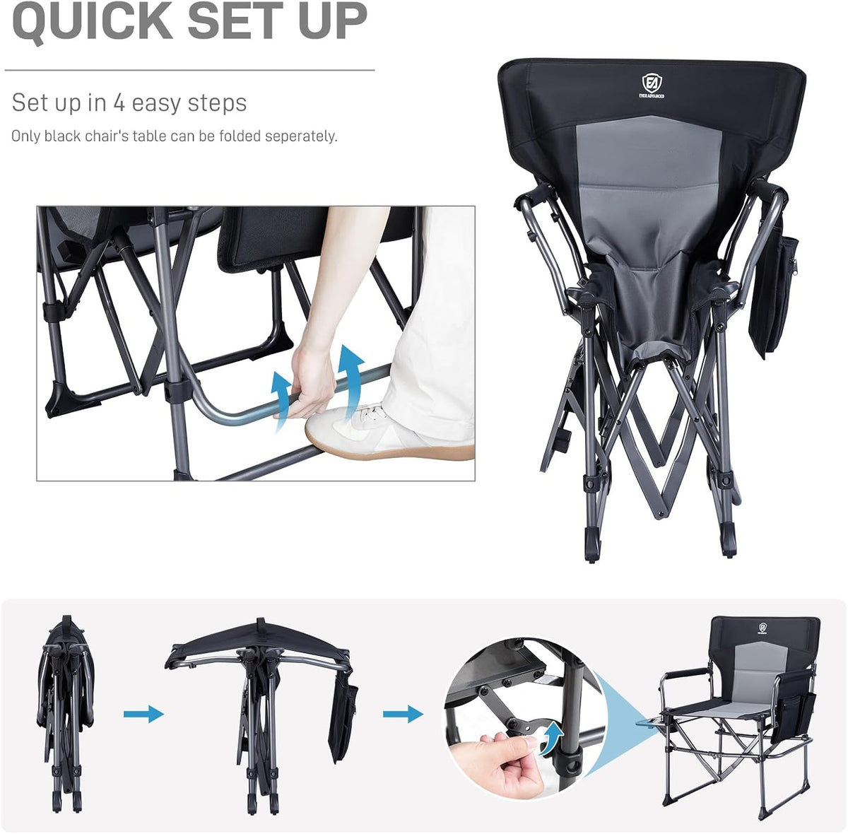 EVER ADVANCED Camping Directors' Chair with Side Table, Portable Folding with Compact Size, Heavy Duty Lawn Chair with Pocket for Camping, Lawn, Sports and Fishing, 400lbs, Black