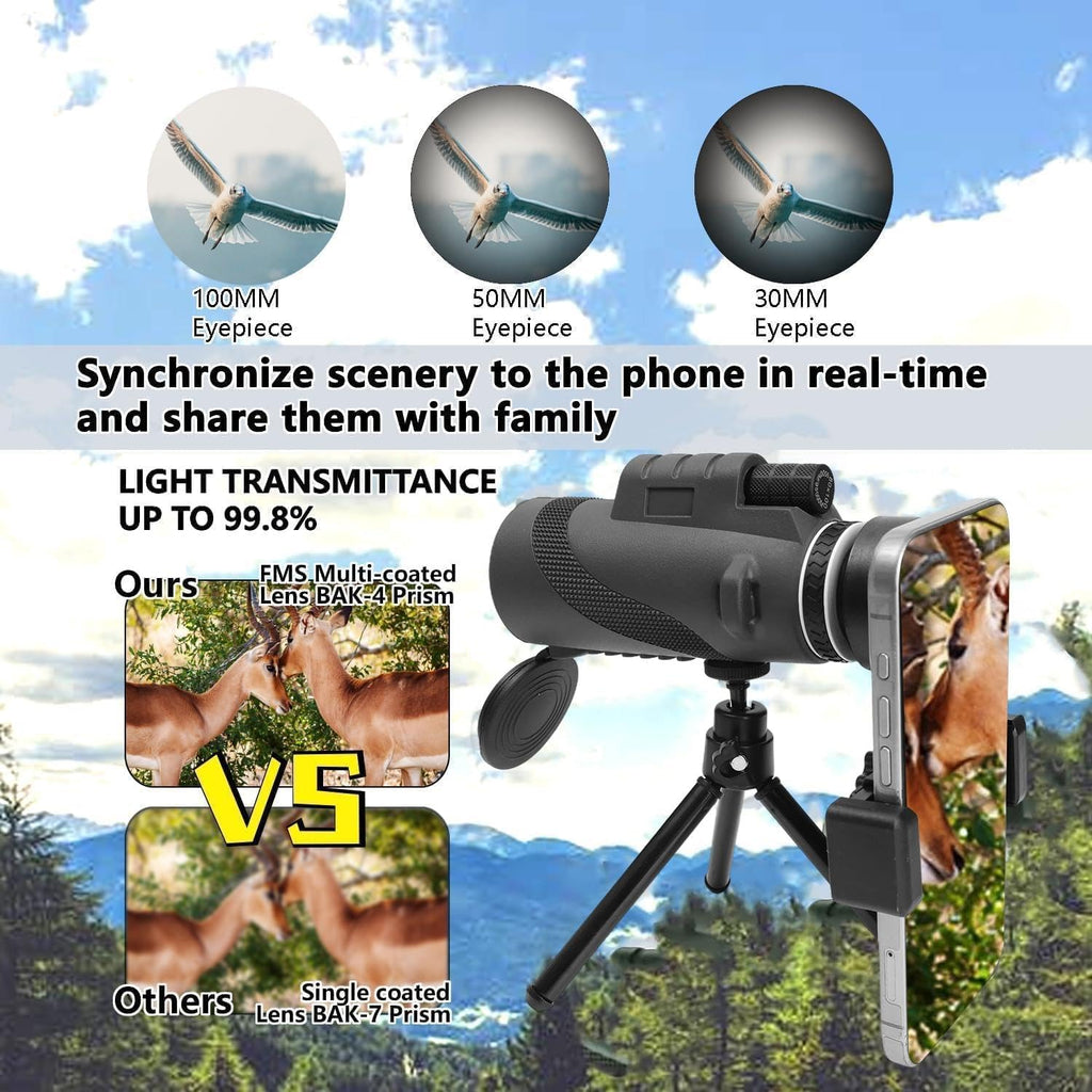 80X100 Monocular Telescope, High Power Monocular for Adults with Phone Adapter & Tripod & Hand Strap, Equipped with BAK4 Prism for Bird Watching (Black, 15.3x7cm)