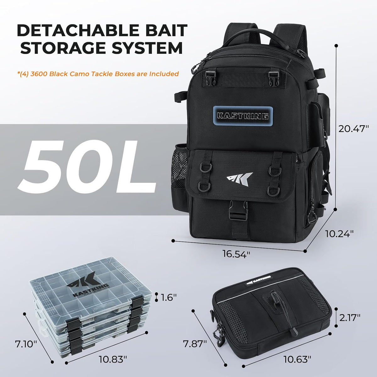 KastKing BaitSpace 50L Fishing Backpack with 4 Tackle Boxes, 2 Rod Holders