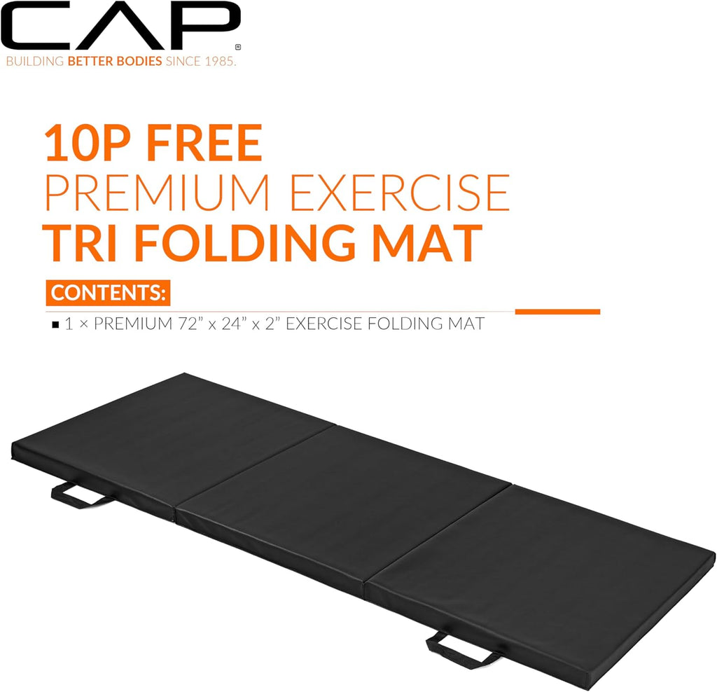 CAP Barbell Folding Exercise Mat – Durable, Anti-Tear, Thick Padding for Fitness, Aerobics, Gymnastics & Home Workouts. 72"L x 24"W x 2"Thick. BLACK