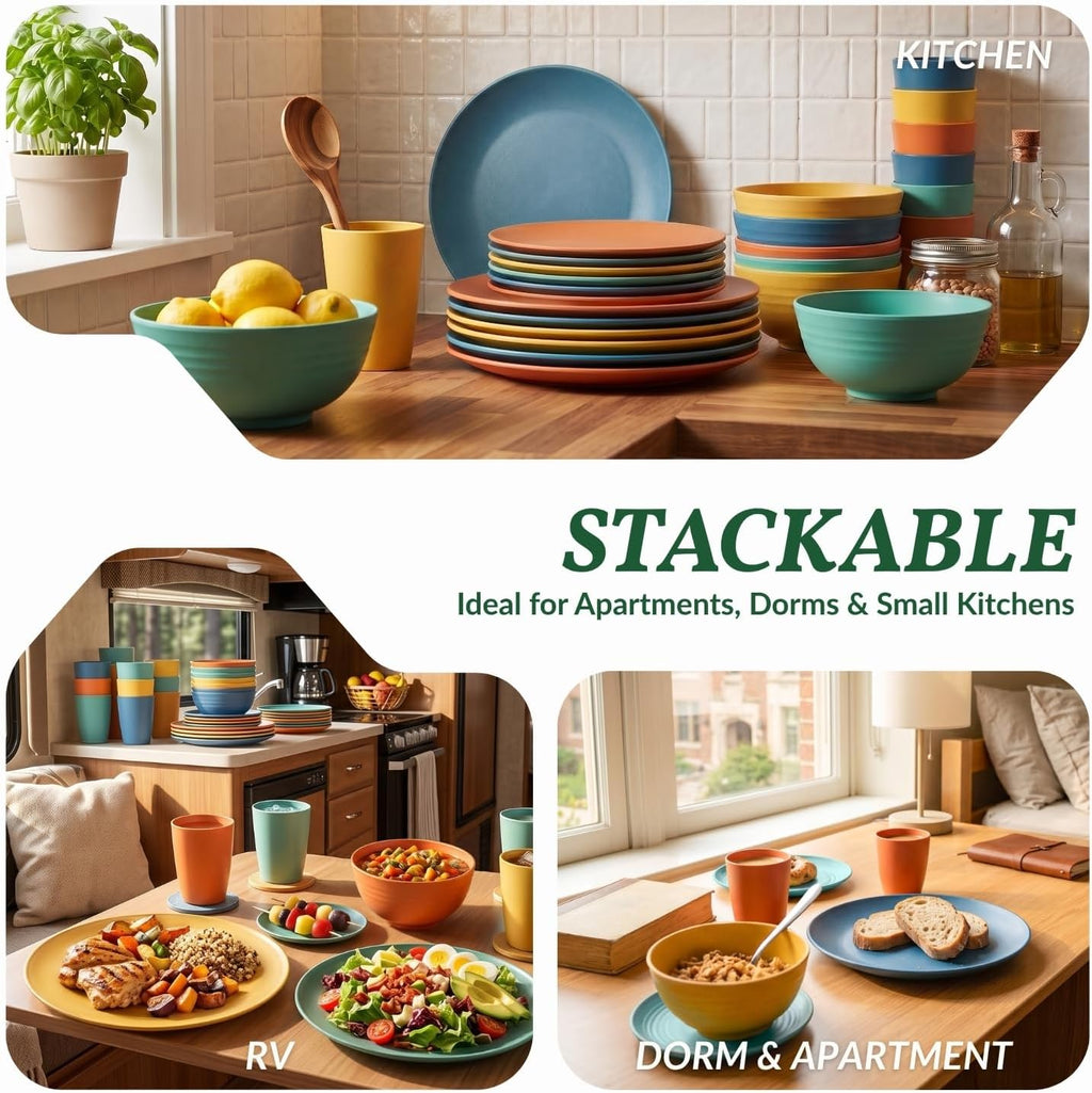 40-Piece Unbreakable Plastic Wheat Straw Dinnerware Set - Multi Color, 8-Person Dish Set for Dinner, Plates, Bowls, Cups & Appetizer Plates - Perfect for Outdoor Camping