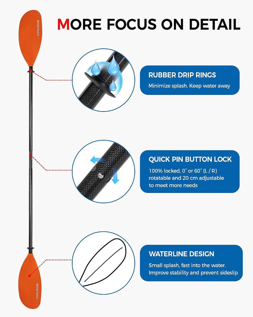 Adjustable Kayak Paddle with Carbon Fiber Shaft and Nylon Blade
