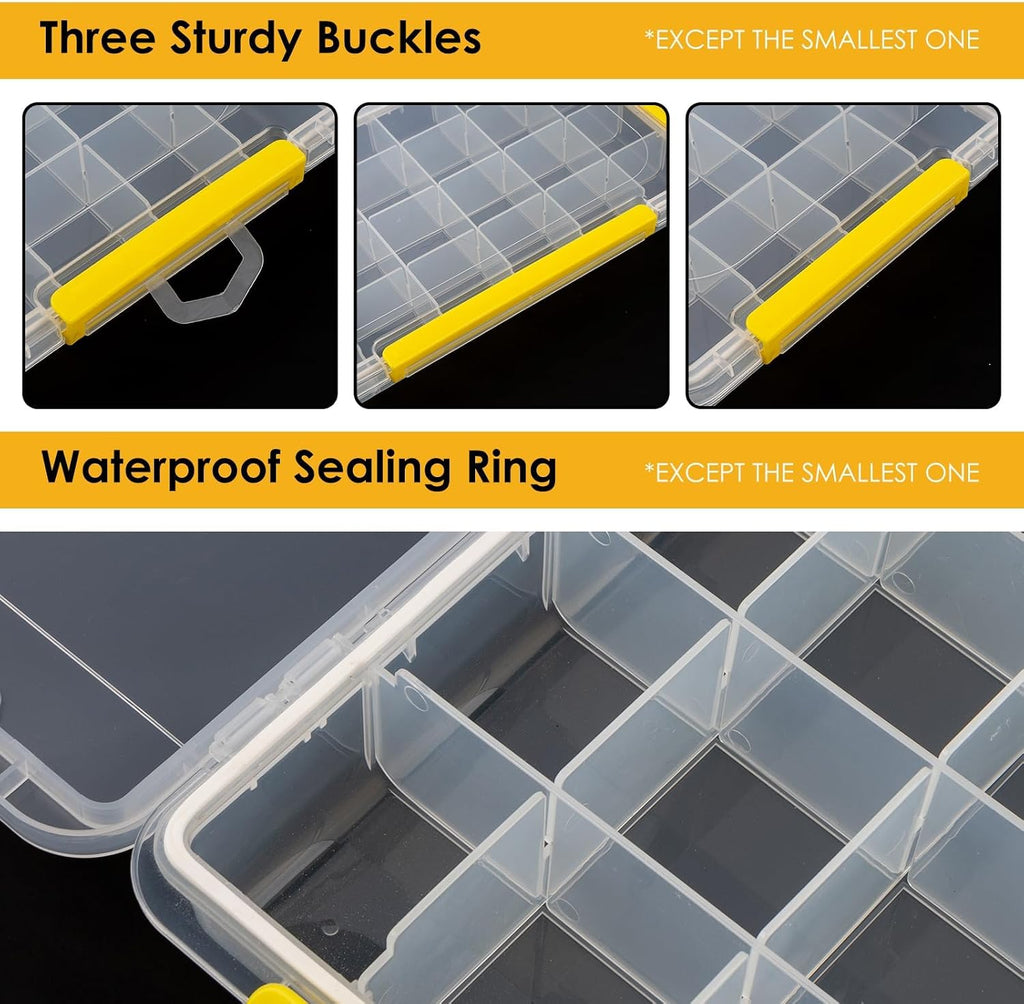 DOWELL Tackle Boxes, Plastic Tackle Storage Box Set, 4 Assorted Sizes with Removable Dividers, Fishing Tackle & Parts Organizer (4 Packs Trays)