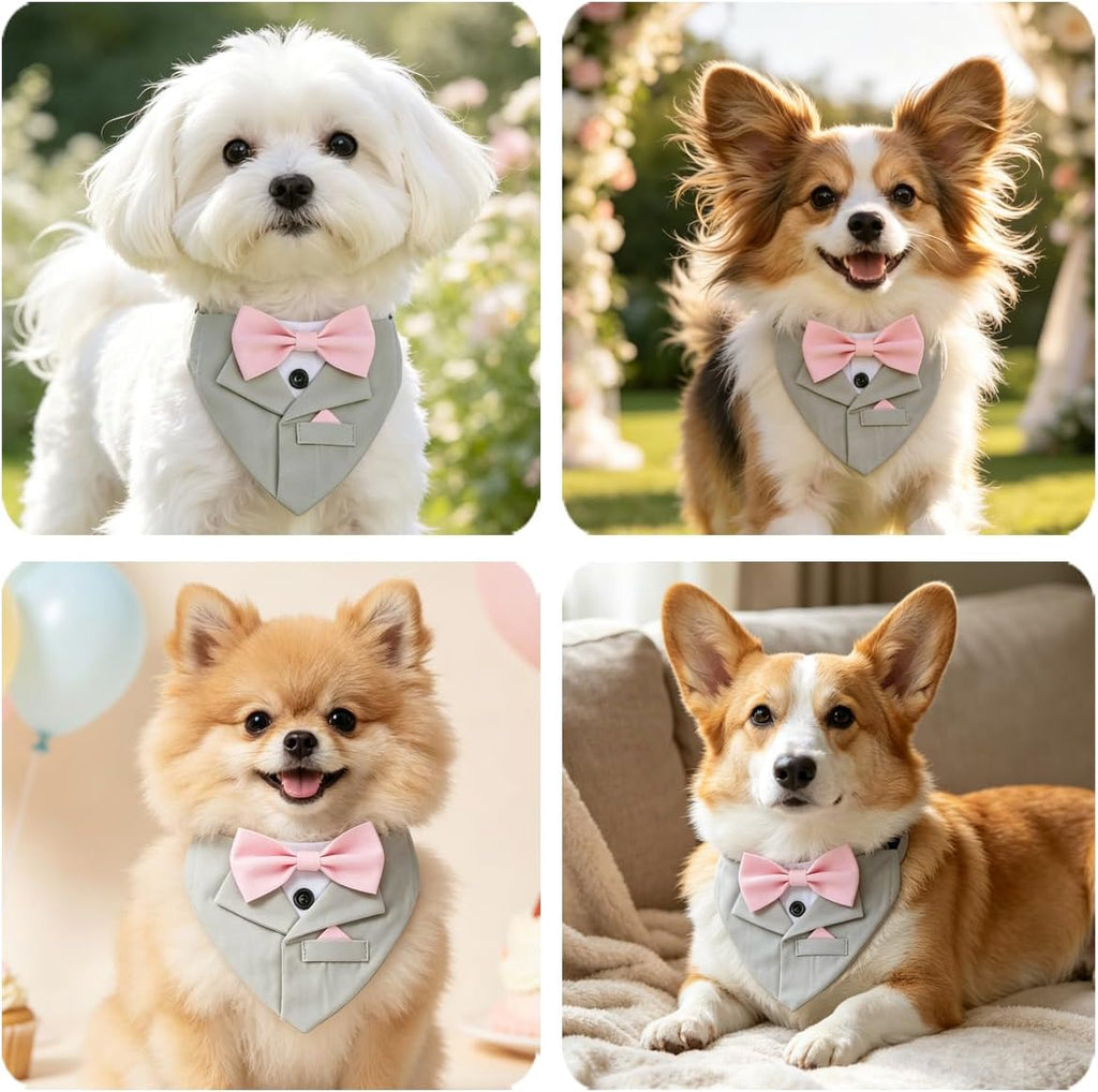 Formal Tuxedo Suit Dog Collar, Wedding Graduation Costume Make-up Pet Supplies, Tux Light Gray Bandana with Pink Bowtie (L)