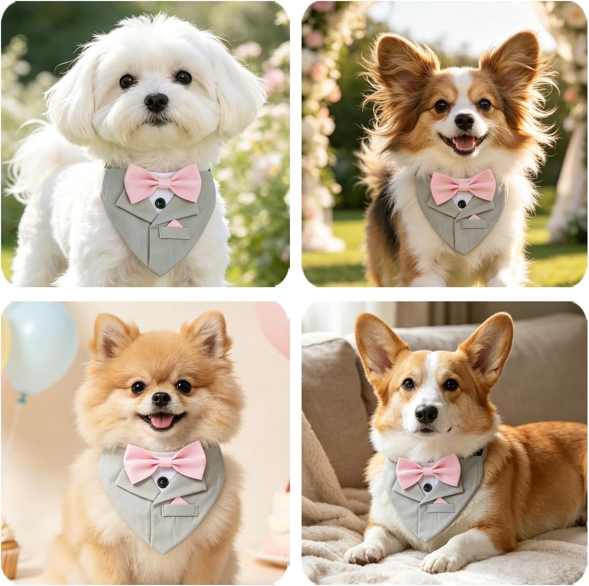 Formal Tuxedo Suit Dog Collar, Wedding Graduation Costume Make-up Pet Supplies, Tux Light Gray Bandana with Pink Bowtie (L)
