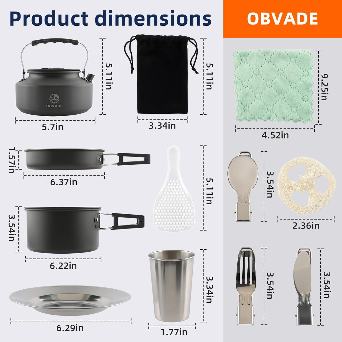 Camping Cookware Set 17 pcs Camping Cooking 0.30G Kettle 0.45G Pot 7 in Pan and 2pcs Stainless Steel Cups Plates Forks Knives Spoons Bag for 1-2 People Backpacking Hiking Picnic