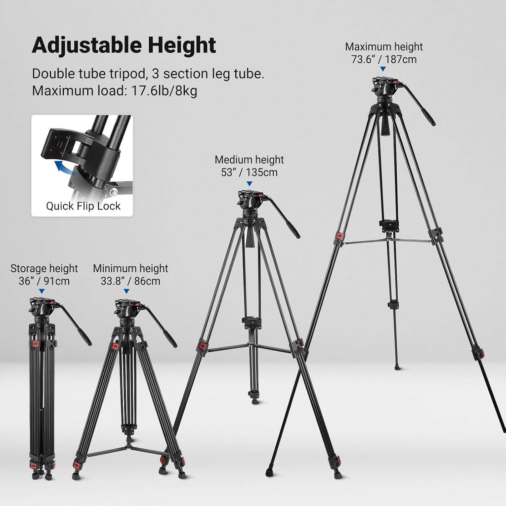 NEEWER 74" Video Tripod with Fluid Head, QR Plate , Aluminum Heavy Duty Camera Tripod Professional for DSLR Cameras Camcorders, Max Load 17.6lb/8kg, TP74