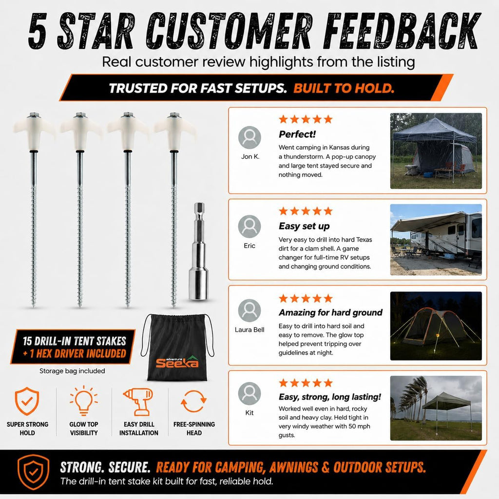 15-Pack 8" Heavy Duty Screw in Tent Stakes, Drill-In Ground Anchor Pegs, Includes Hex Head Driver & Storage Bag