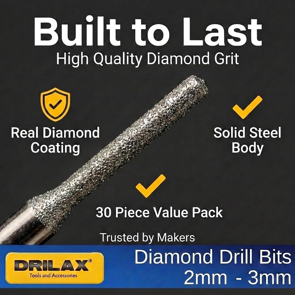 Drilax 30-Pc Diamond Drill Bit Set, 15x 2mm & 15x 3mm, 1/8 Inch Shank Dremel Compatible for Glass, Sea Glass, Gemstones, Ceramic & Lapidary Jewelry Making