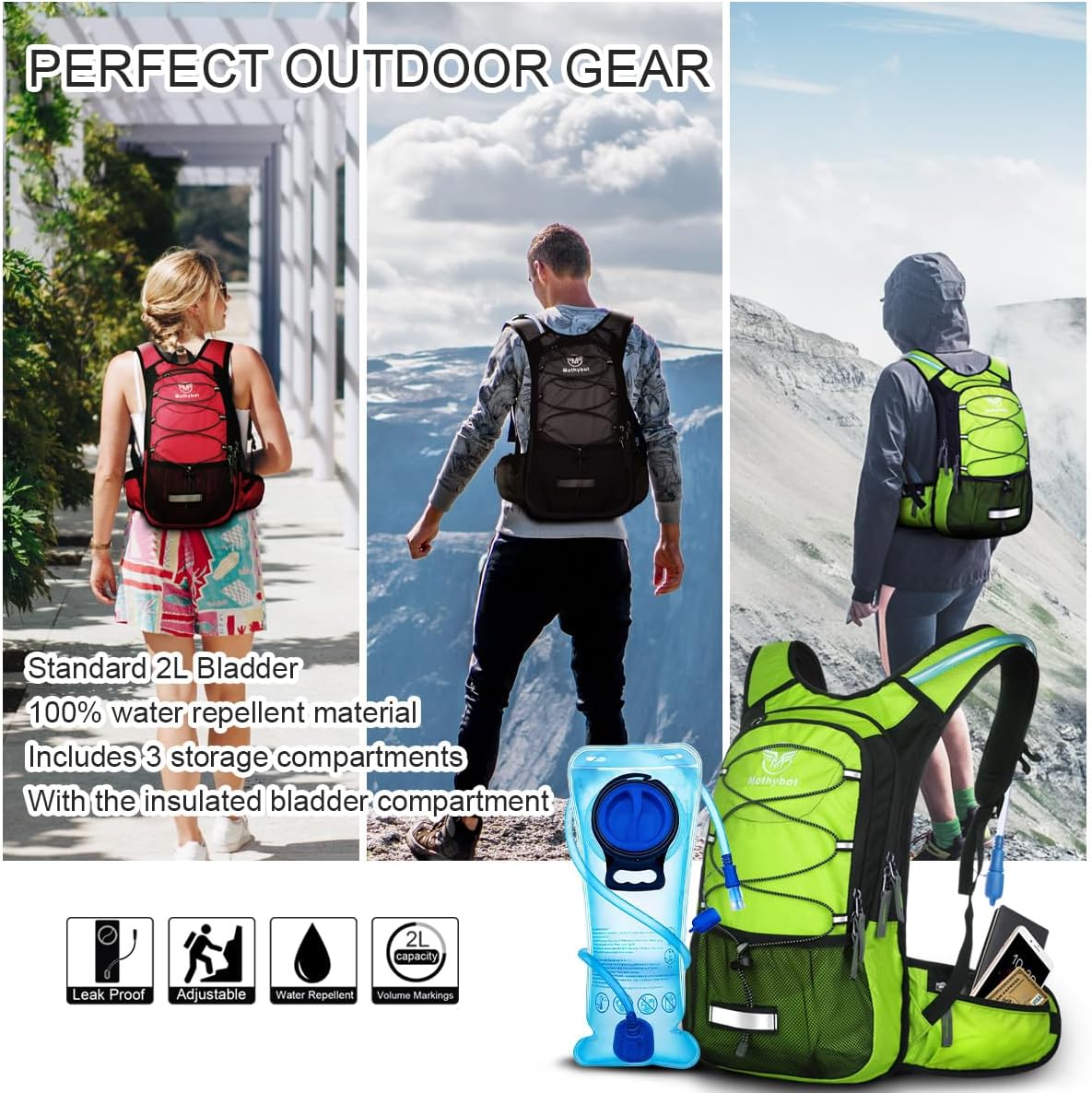 Mothybot Hydration Pack, Insulated Hydration Backpack with 2L BPA Free Water Bladder and Storage, Hiking Backpack for Men, Women, Kids for Running, Cycling, Camping - Keep Liquid Cool up to 5 Hours