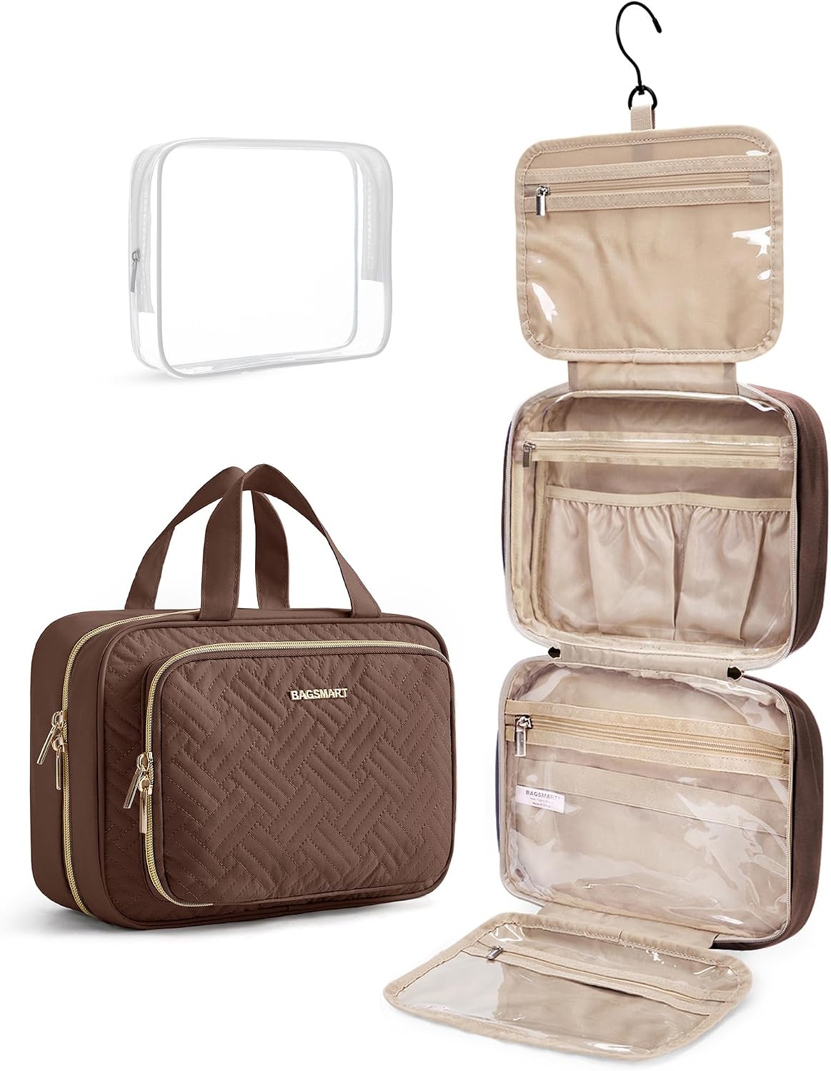 BAGSMART Toiletry Bag Hanging Travel Makeup Organizer with TSA Approved Transparent Cosmetic Bag Makeup Bag for Full Sized Toiletries(Coffee Brown)