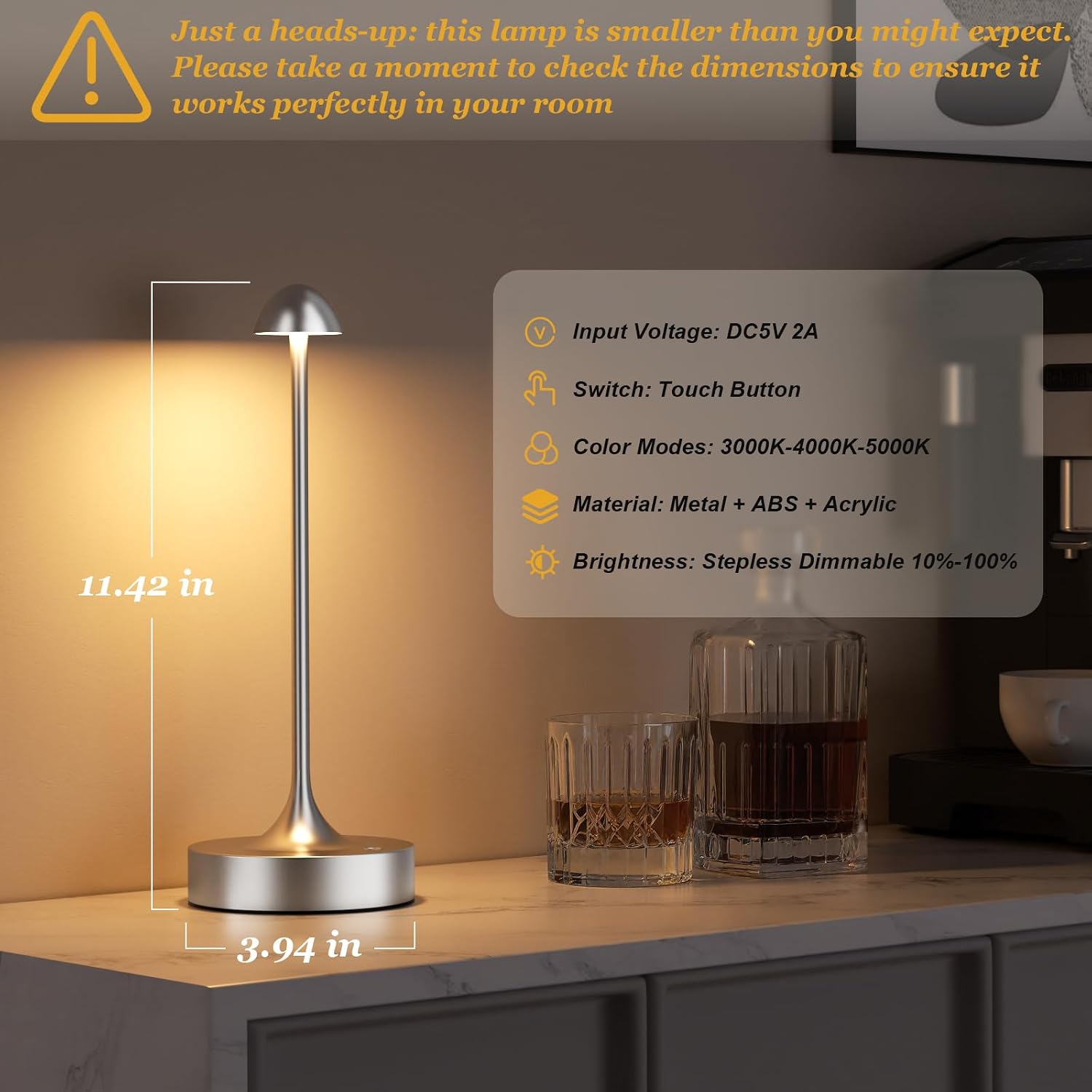 Kakanuo Rechargeable Cordless Table Lamp, Battery Operated Lamps, 3-Color Stepless Dimming, Portable Wireless Desk Lamp, LED Lighting for Dining Room, Restaurant, Office, Bar, Home(Silver 2 Pack)