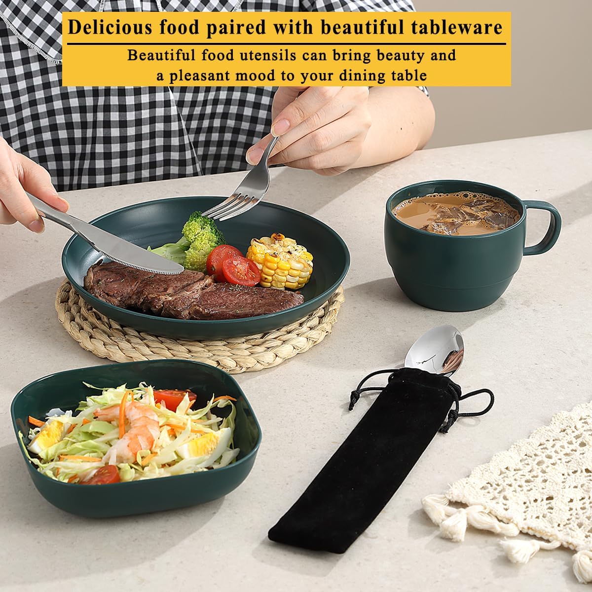 Camping Utensils Set, ReaNea Camping Plates and Bowls Set with Coffee Mug, Travel Cutlery Set Include Spoon, Fork, Knife for Home, Poolside, Outdoor, Picnic, Camp