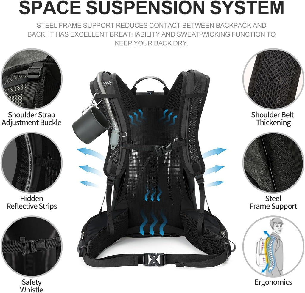 IX INOXTO Hiking Backpack, 26L/40L Waterproof Hiking Daypack with 3L Water Bladder and Rain Cover, Lightweight Travel Camping Backpack for Men Women (Black)