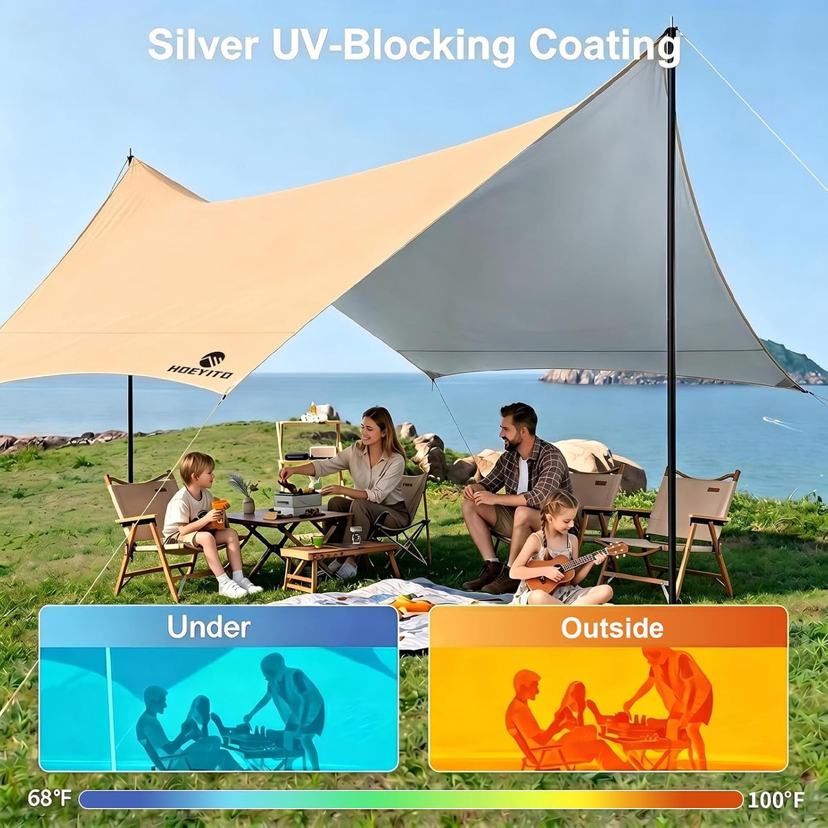 Camping Tarp with Poles & Retainer, 14.5x11FT PU9000mm Waterproof 210D Oxford Cloth Camping Awning, UV Blocking Rate 99.99% Camping Canopy Tent Tarp for Outdoor, Hammock, Car, Picnic (Khaki)