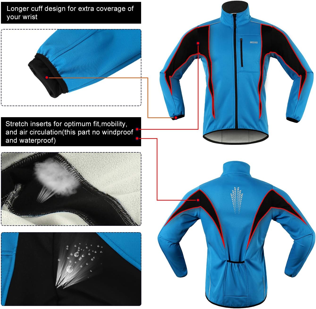 ARSUXEO Winter Warm UP Thermal Softshell Cycling Jacket Windproof Waterproof 15-k