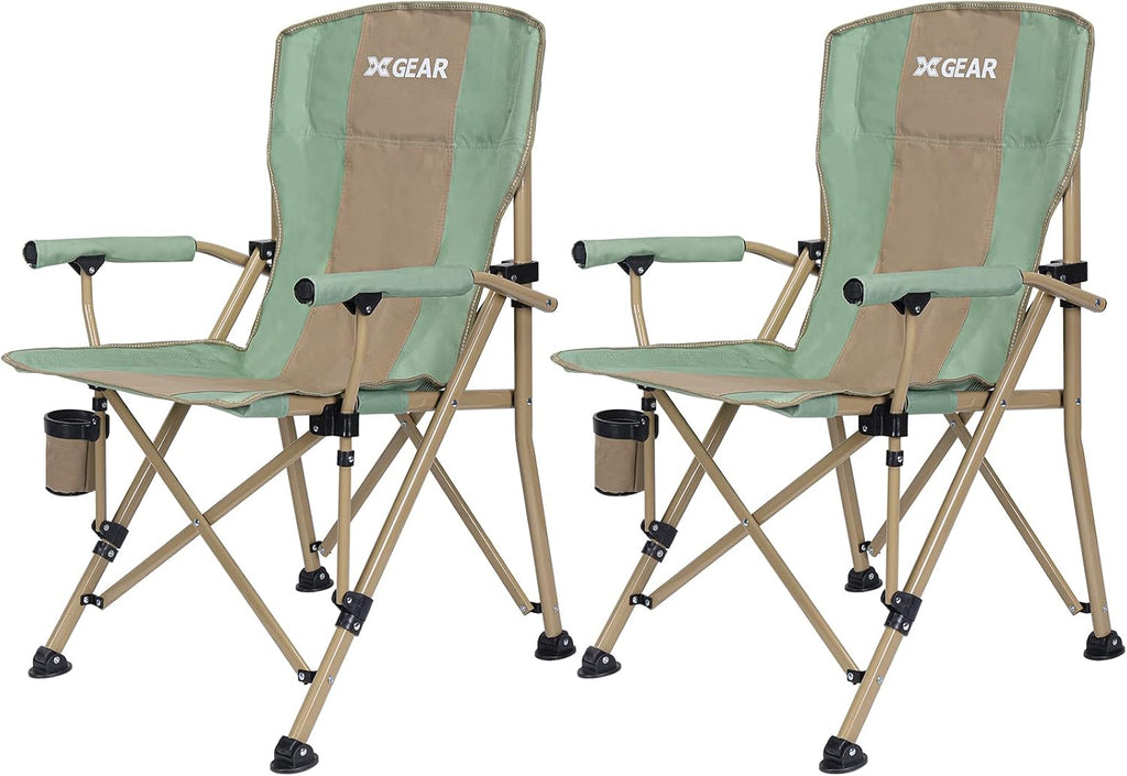 XGEAR 330LB Heavy Duty High Back Hard Arm Camping Chair with Cup Holder