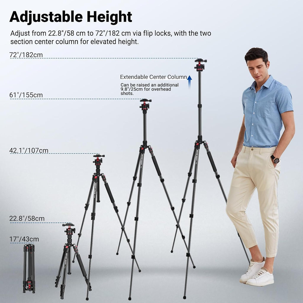 NEEWER Basics 72" / 182 cm Travel Tripod Monopod for Camera, Compact Lightweight Portable Video Recording Stand, Arca Type Ball Head, Cell Phone Holder Compatible with iPhone, Max Load 13.2 lb, TP14B