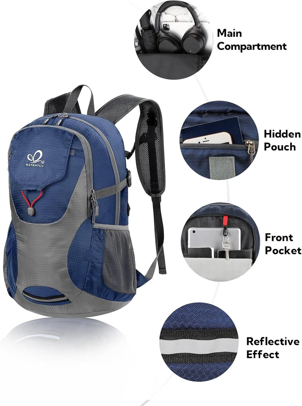 WATERFLY Lightweight Packable Hiking Backpack, 30L Day Pack Blue