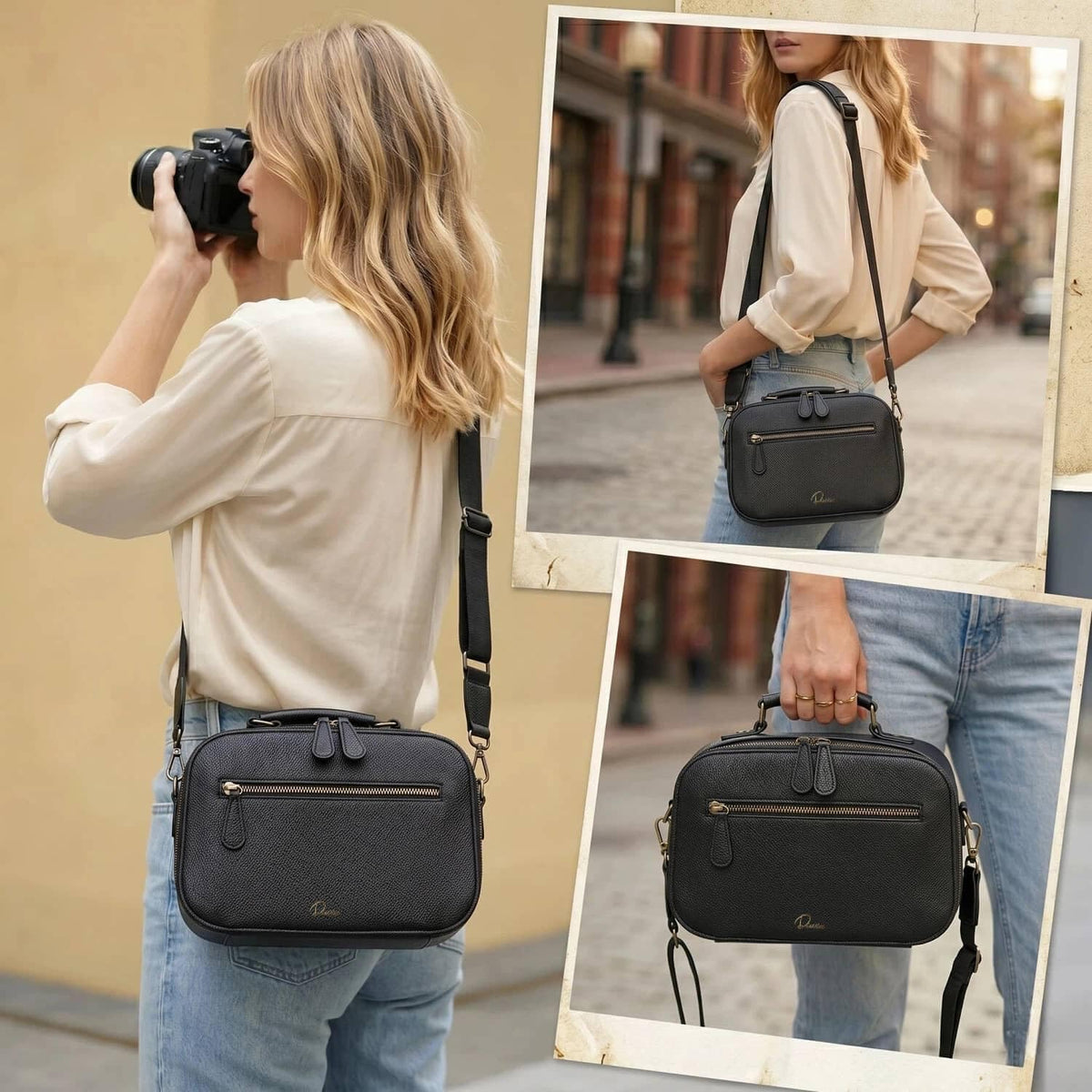 Camera Sling Bag, Waterproof PU Leather Crossbody Camere Bag for Photographers, Small Shockproof Case with Removable Dividers for DSLR/SLR/Mirrorless, 4L Black