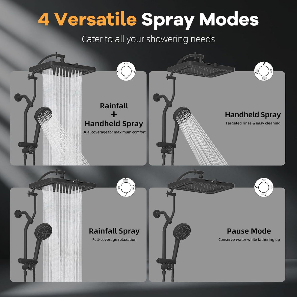 Hibbent 13'' Rain Showerhead Combo, 10 Mode Filtered Handheld Spray, Black