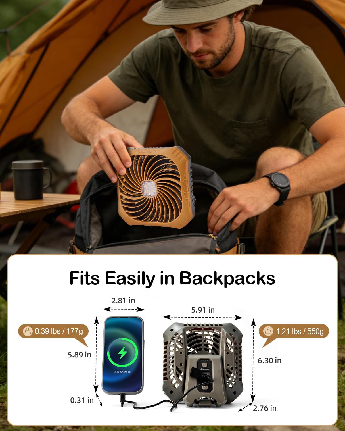 Odoland Portable Camping Fan with LED Lantern, 40H Rechargeable Battery Fan