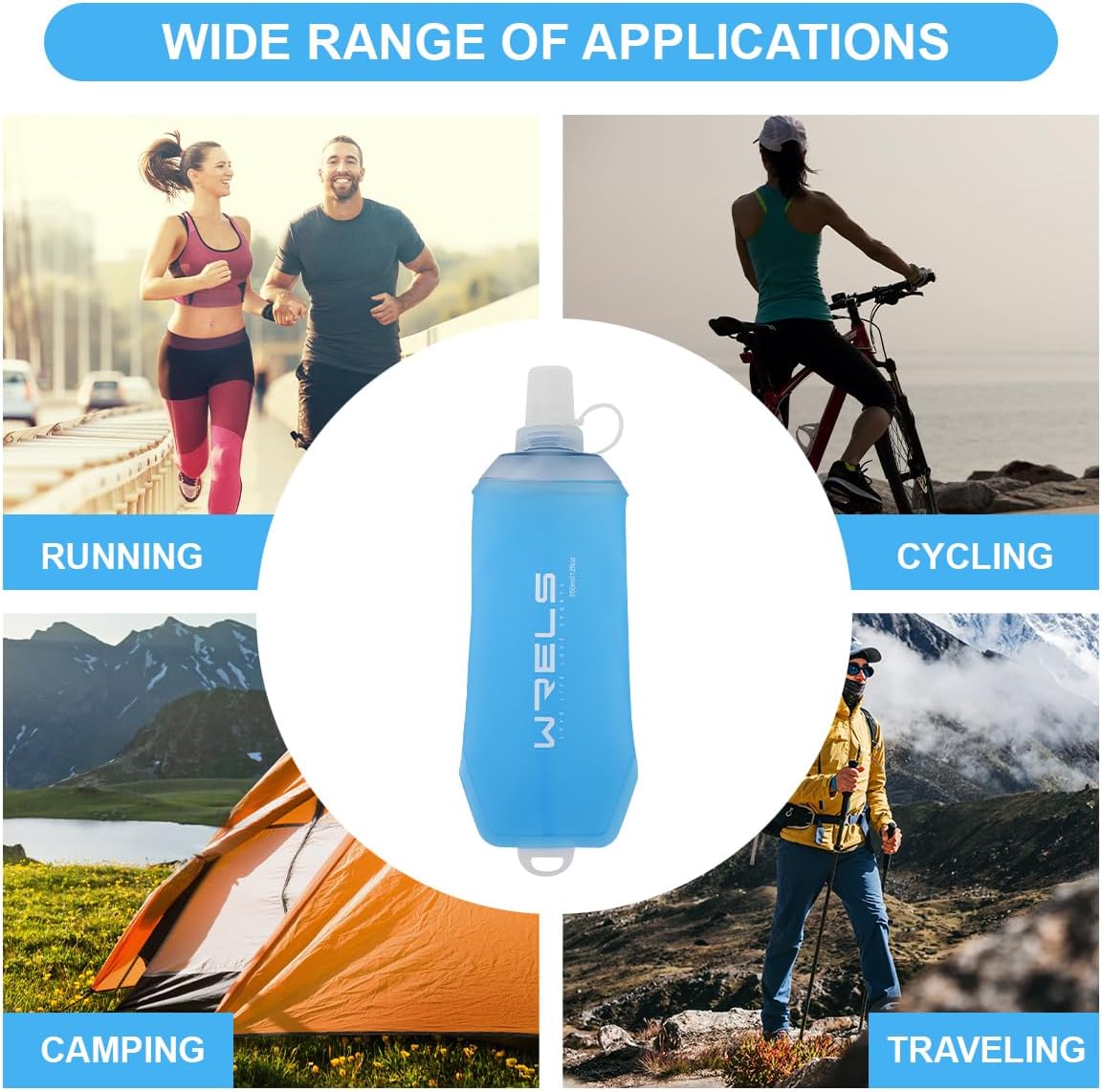 WRELS 200ml/350ml/500ml Collapsible Soft Flask,BPA Free Folding Soft Water Bottle with Hanging Ring,Lightweight TPU Hydration Flask for Running Marathon Cycling Hiking(350ml-2 Packs)