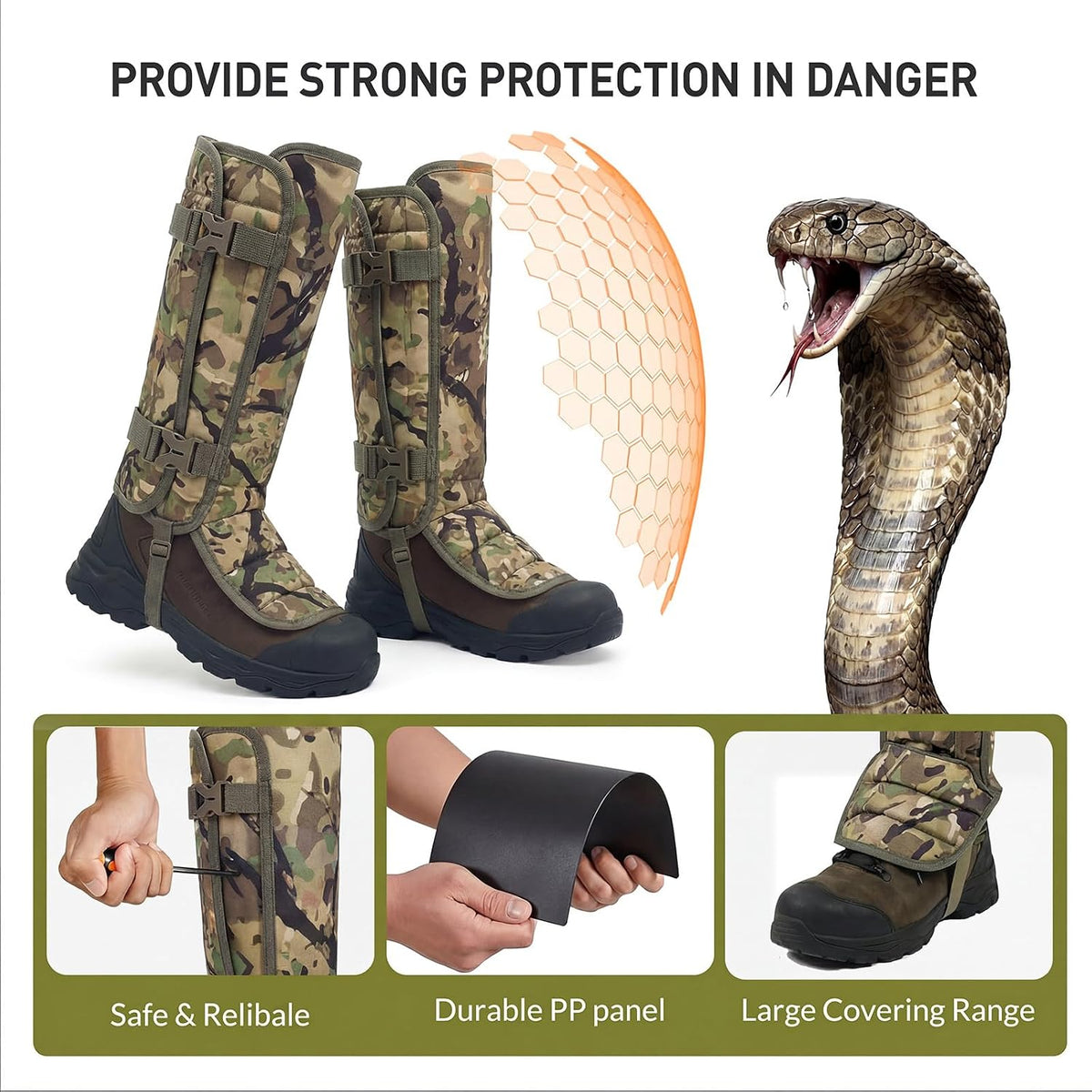 LOOGU Snake Gaiters, Waterproof Oxford Leg Guards with 12 Individual PE Boards, Curved Upper, Reinforced Instep Strap, Adjustable Double Buckles, Camo for Hunting Hiking Trekking