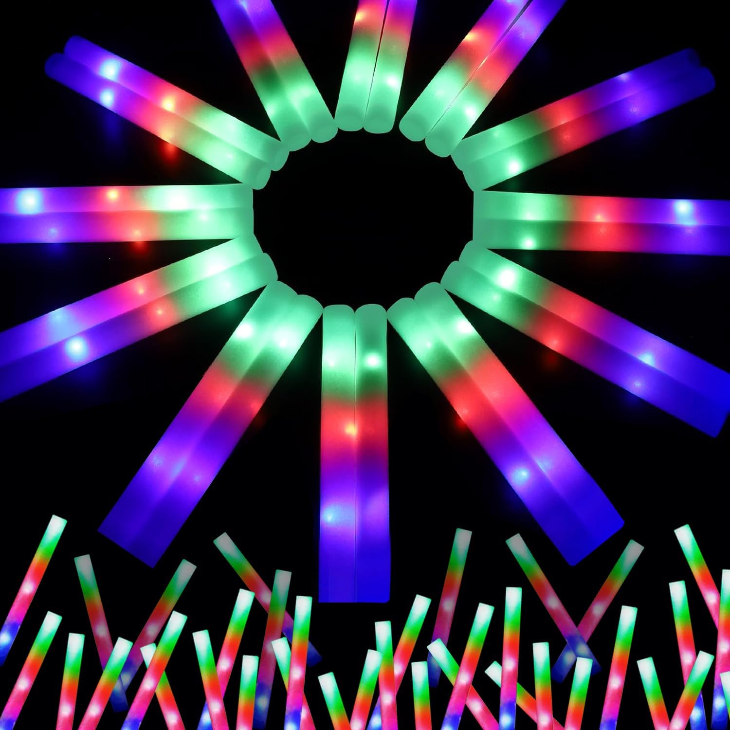 wellent 200 PCS LED Foam Glow Sticks Bulk, Glow in the Dark Party Supplies with 3 Modes Colorful Flashing, Neon Party Favors for Birthday, Wedding, Carnival, Concert, New Year
