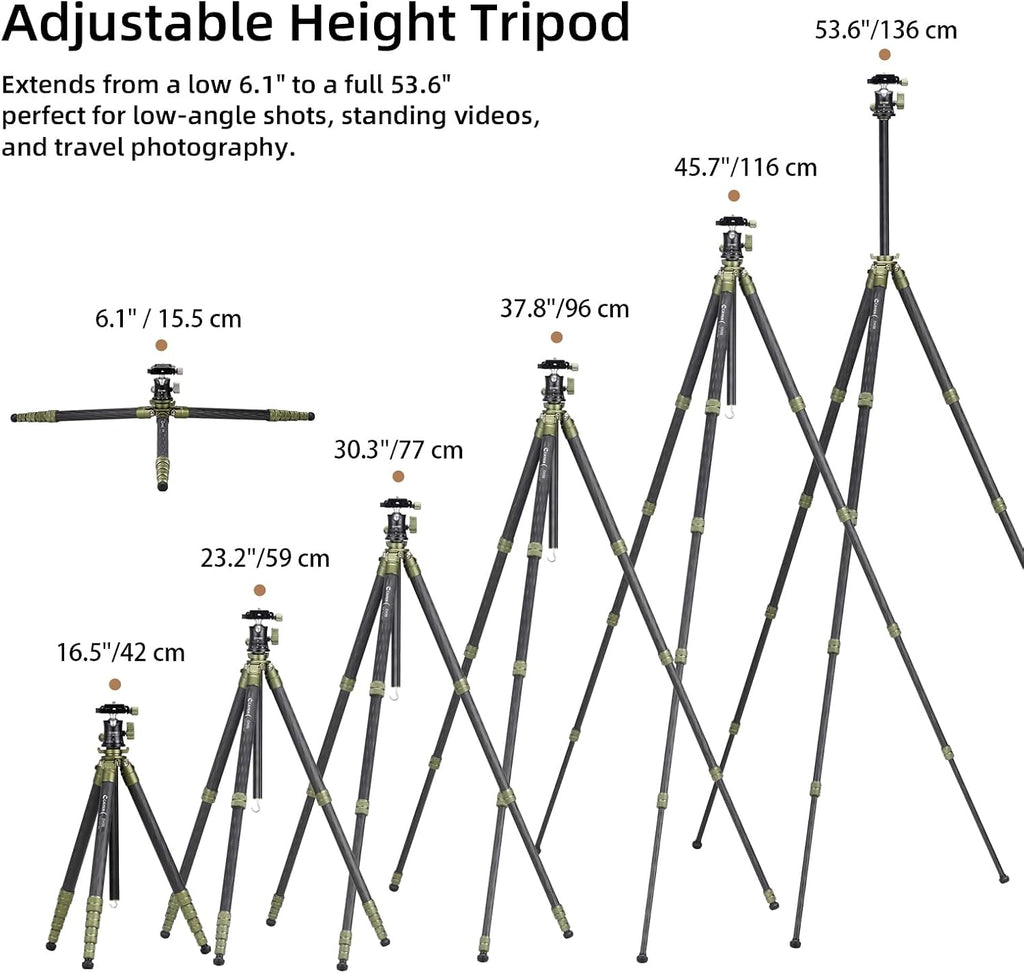 Cayer CH35 Travel Tripod, 53.6" Carbon Fiber Tube with Compact Ball Head