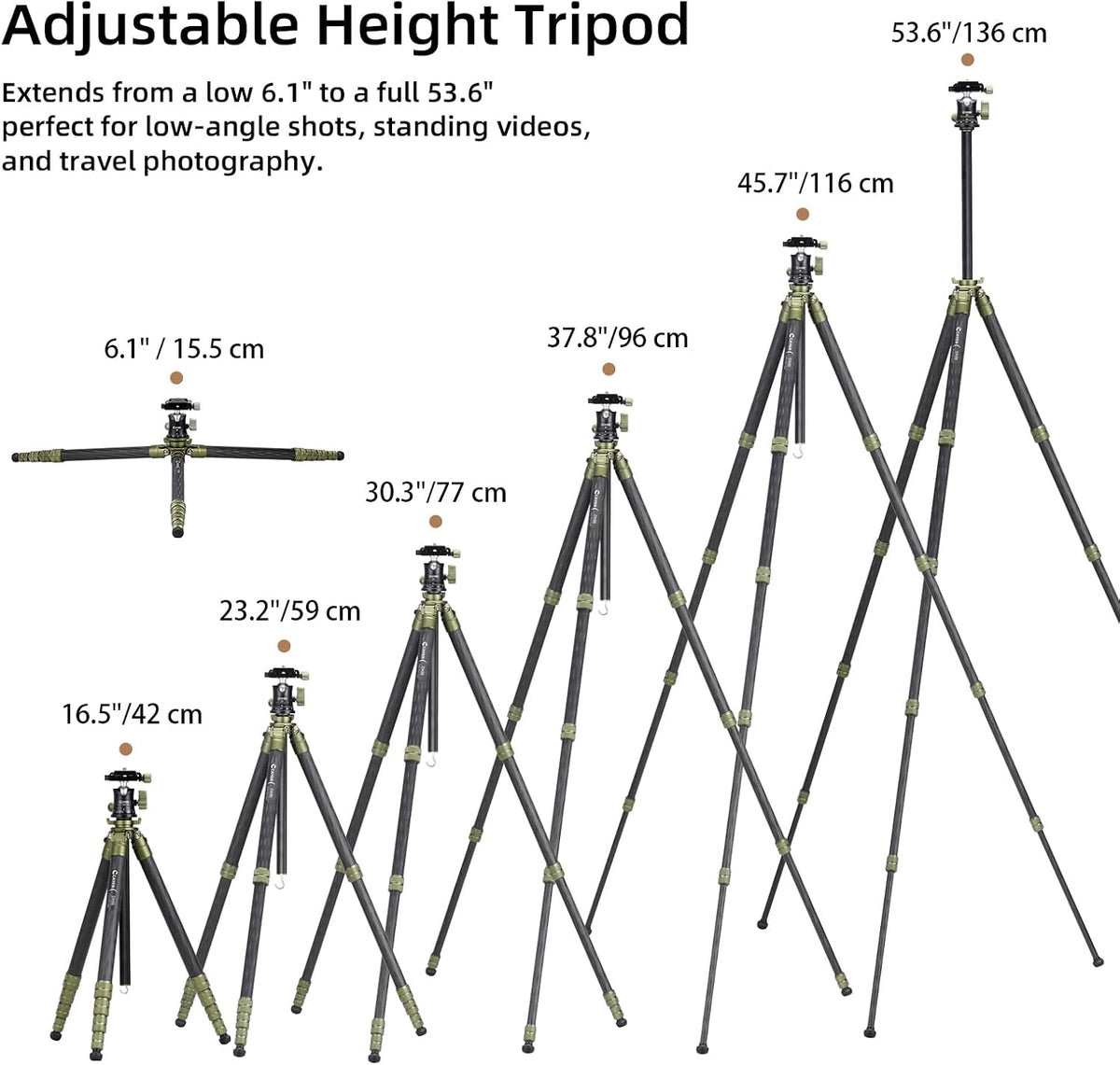 Cayer CH35 Travel Tripod, 53.6" Carbon Fiber Tube with Compact Ball Head