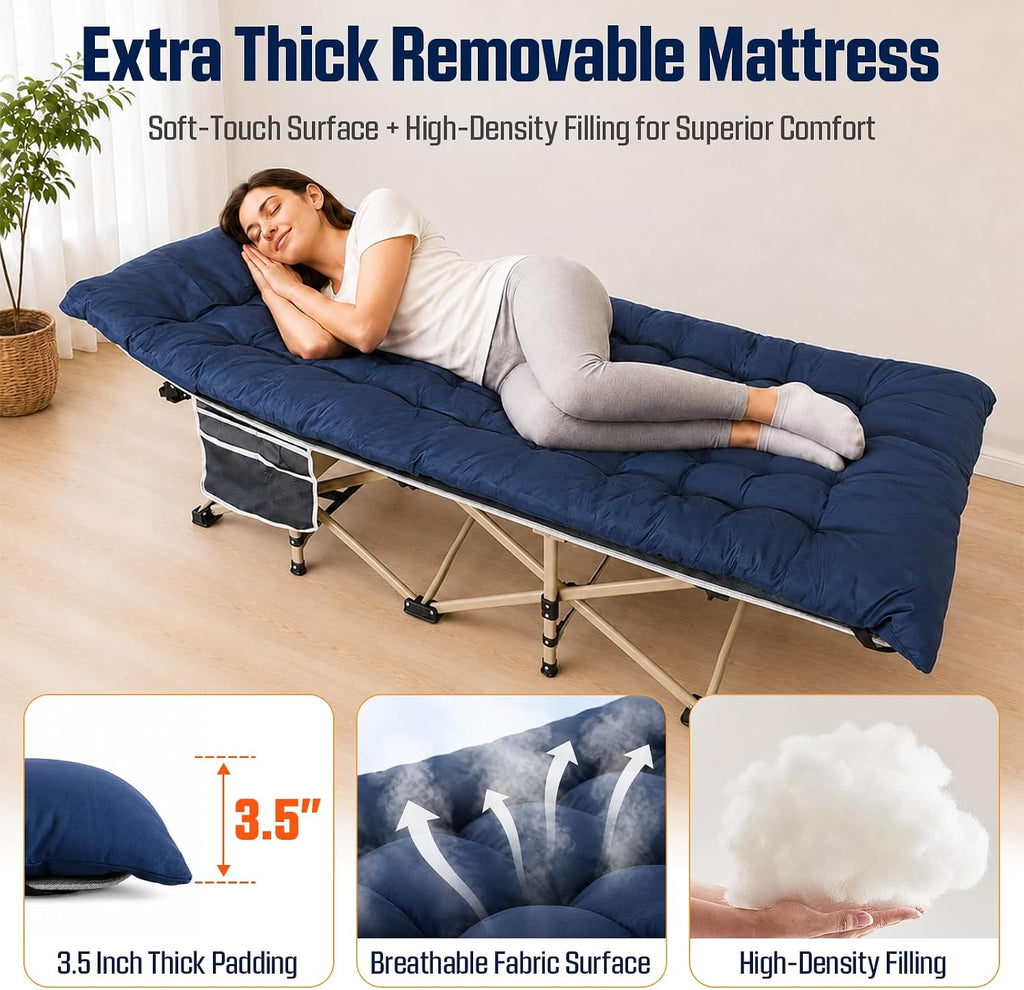 ARAER Camping Cot for Adults, 28in Wide with Mattress (Navy Blue)