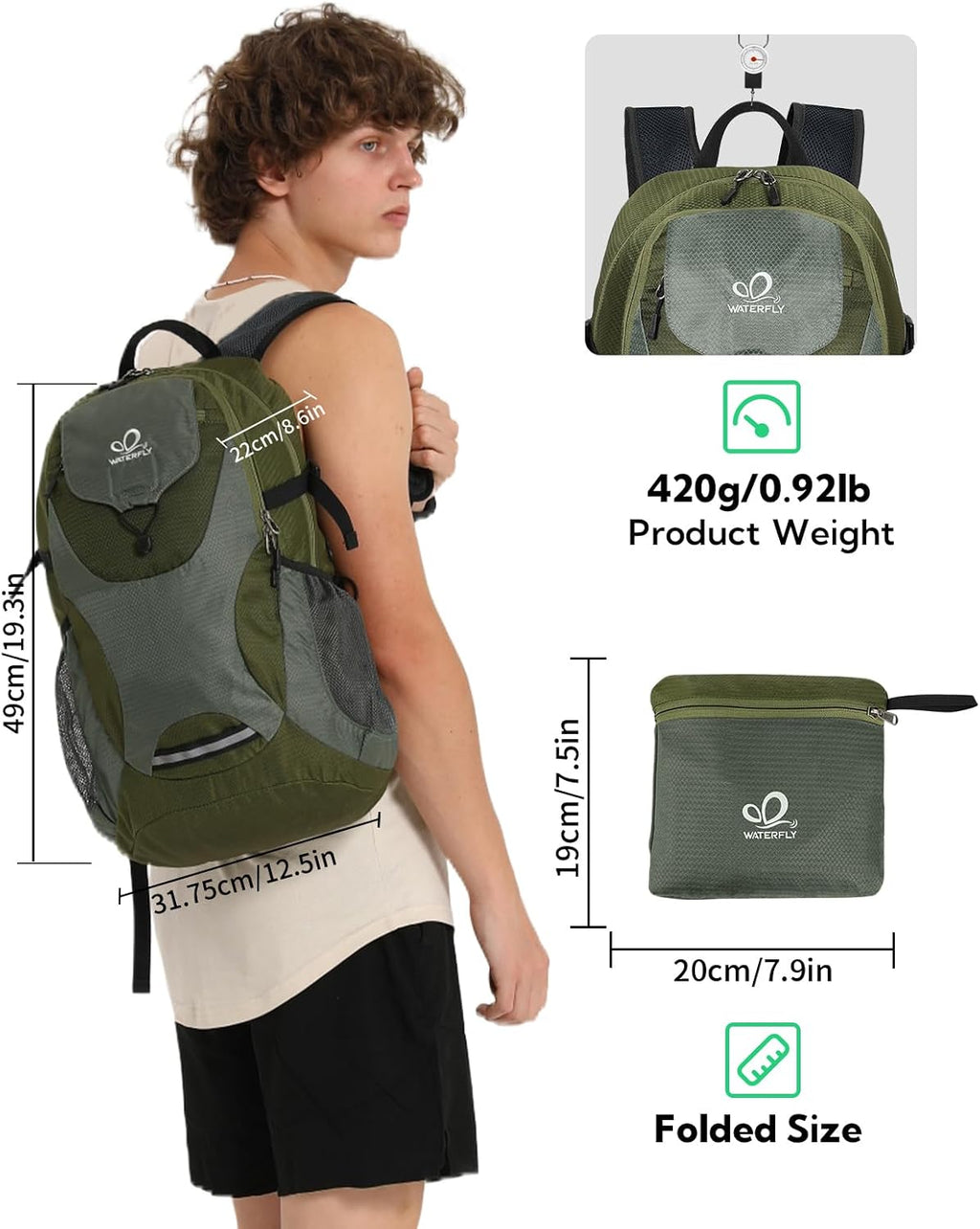 WATERFLY Lightweight Packable Hiking Backpack, 30L Day Pack
